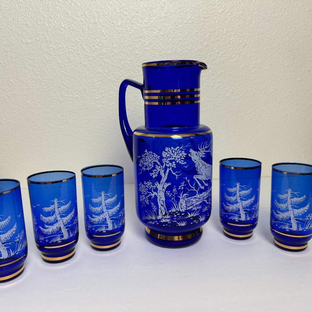OLD Genuine Bohemia Cobalt Blue Glass Gold Set of 6 Decanter Hand painting